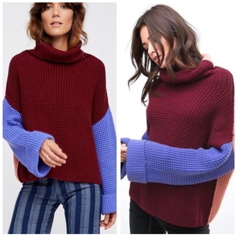FREE PEOPLE Park City Color Block Cowl Neck Knit Sweater